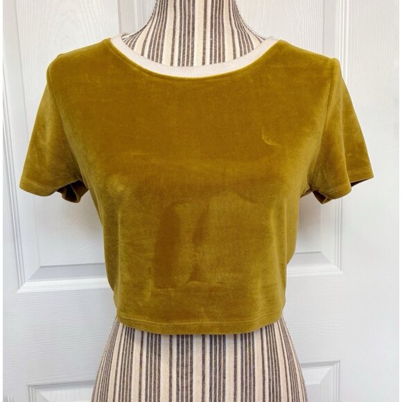 Urban Outfitters Velour Crop Top Women’s Medium Gold Brown Back Stripe Detail - Picture 1 of 8